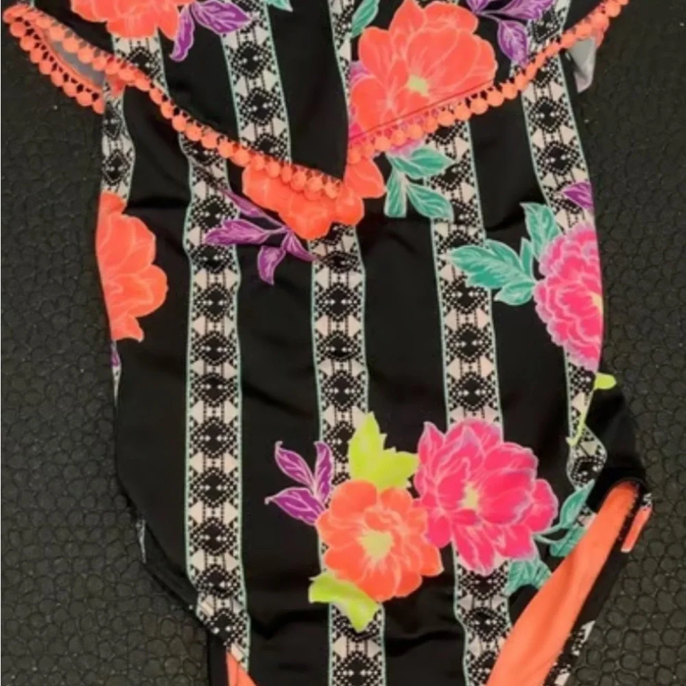 Wonder Nation girls XL/XG (14-16) Floral Striped Swimsuit with Pom Pom Trim